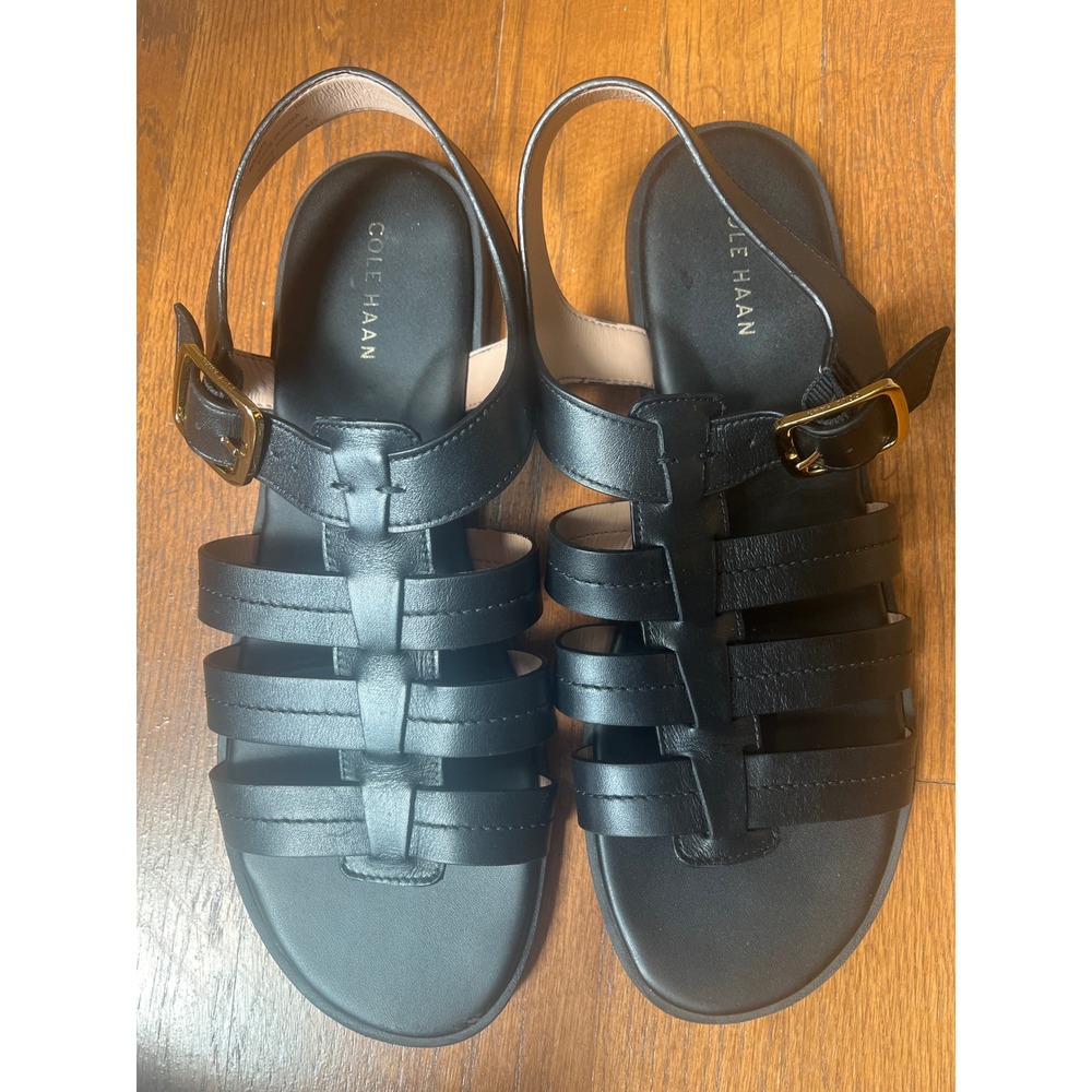 Cole Haan Flynn Fisherman Sandals Black Gold-tone Buckle Size 11